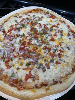 Thin crust large taco grande pizza with no olives