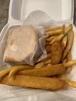 Fries, fried corn bread.