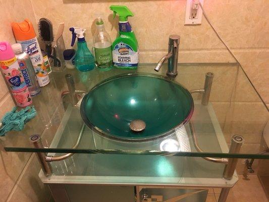 Bathroom sink has everything but soap :(