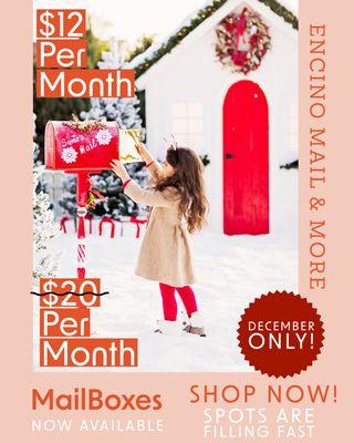 For the month of December only!!!  Rent your #Mailbox today &  receive all your #mail & #packages for only $12 a Month