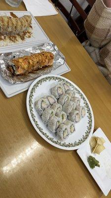 Crunchy shrimp roll, Spicy Baked Salmon roll,  California roll