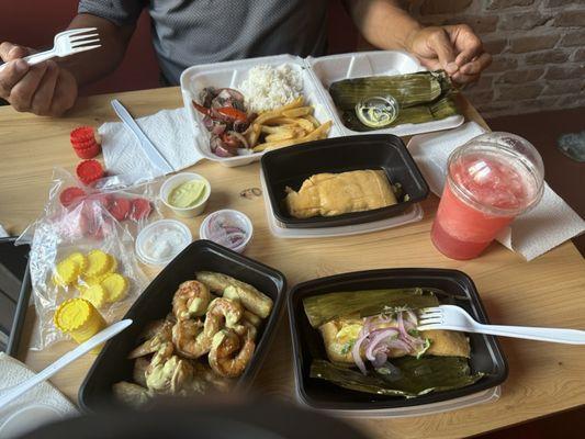 Tamales, loaded yuca and jumping lomo. Watermelon juice