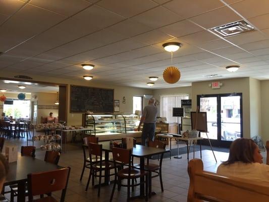 Restaurant interior and bread counter.