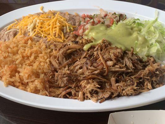 Carnitas - crispy as requested, Refried Beans, Rice