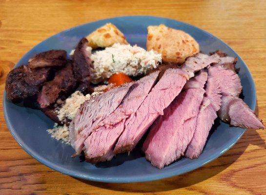 Rib Eye (front), Picanha (left), Pão de Queijo (back)