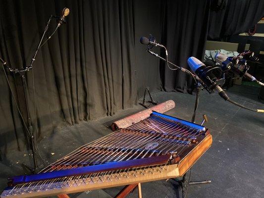 Setup to broadcast and record a hammered dulcimer performance.