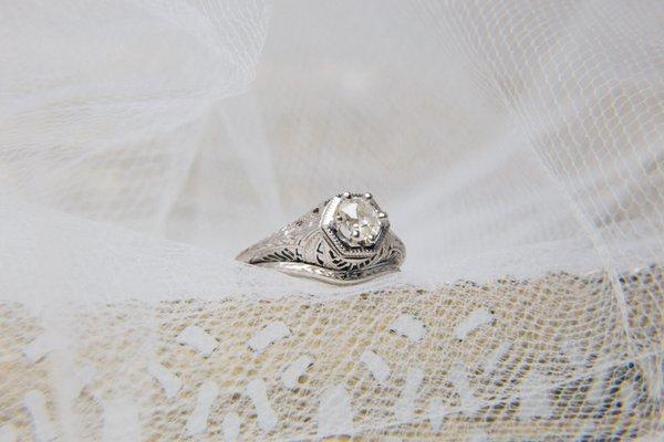 Antique Engagement Ring that was repaired at Hamilton Jewelers and custom matching band that was made by Hamilton.