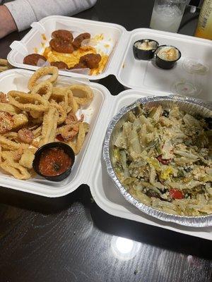 Calamari, greens, boneless wings