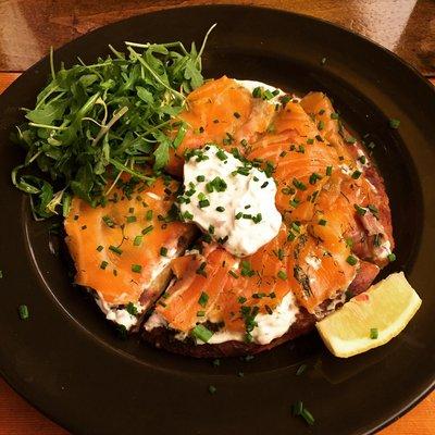 Salmon tarte on top of a potato pancake