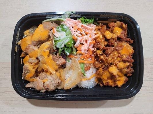 meat-lovers bowl (steamed rice, bbq chicken, sweet & spicy pork)