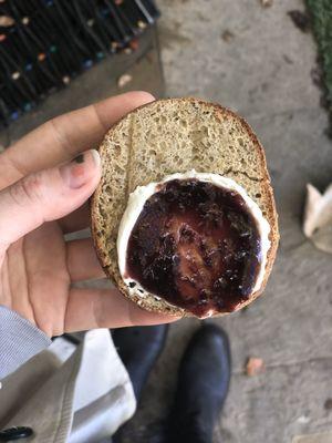 Cream cheese and jam on a grain free bun