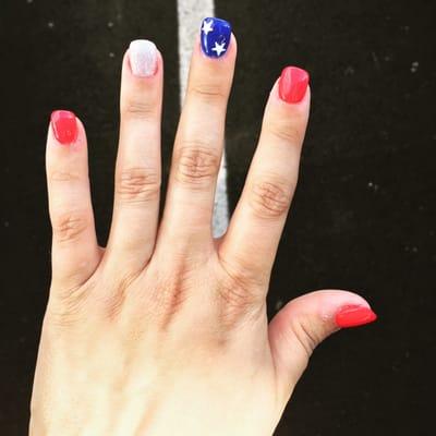 Fourth of July Nails! Gel with Coca-Cola Red, My car has Navy-gation, and Fairy Silver!