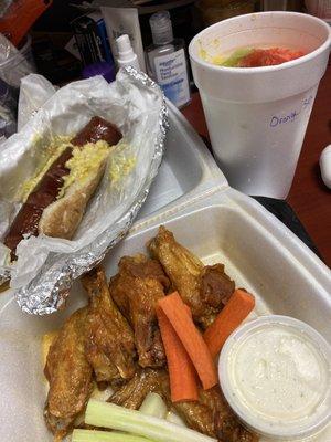 5 pc wings, polish sausage, medium shaved ice $13