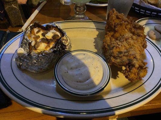 Loaded sweet potato, gravy, chicken fried chicken