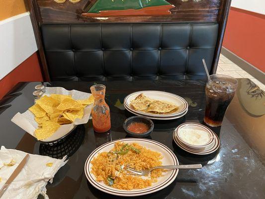 Shrimp quesadilla Mexican rice cups and salsa