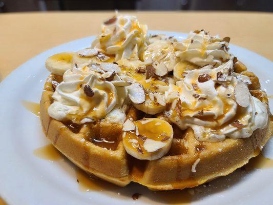 A must try waffle is our New Banana Caramel Almond Waffle