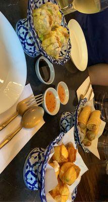 Steamed dumpling, crispy spring rolls, and crab rangoon