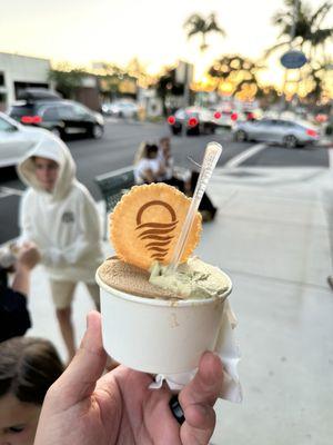 Scoop of Espresso and a scoop of Pistachio