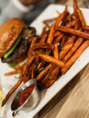 Wagyu Burger all the way with Sweet Potato Fries