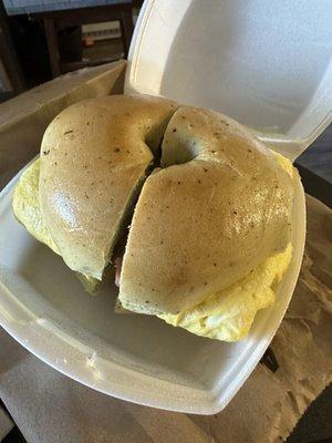 Ham, egg and cheese on veggie bagel.