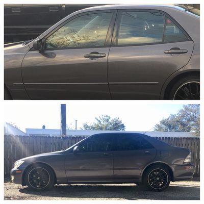 Before and after of my Lexus IS300. Went from no tint, to a medium tint.