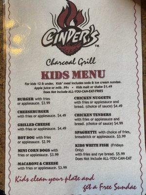 Kids menu