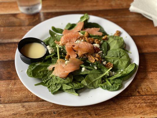 Spinach Salad with smoked salmon.