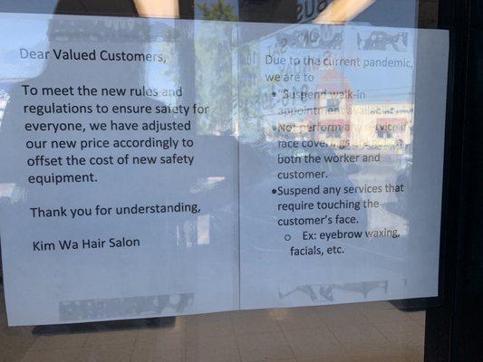 Notice outside Kim Wa Hair Salon as of 06/03/20 due to COVID-19.