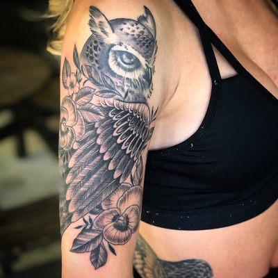 Owl tattoo by Danielle Oberosler. Booking through our website!