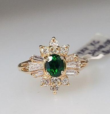 Tsavorite (green garnet) diamond sunburst halo ring