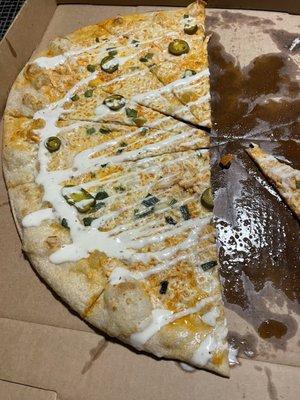 Buffalo Chicken Pizza: the best buffalo chicken pizza I have had. The shredded chicken goes really well