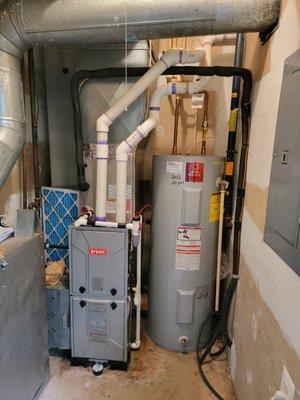 Furnace on the left. The black wiring used to just run across the water heater. They cleaned it up for me.