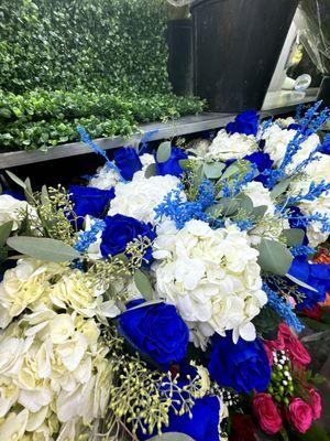 Classy Royal Blue and white Roses and Hydrangeas