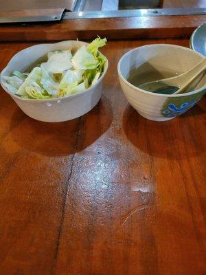 Clear soup and salad with ranch dressing