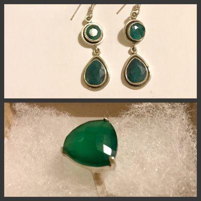 Emerald earrings from Nepal and green onyx ring