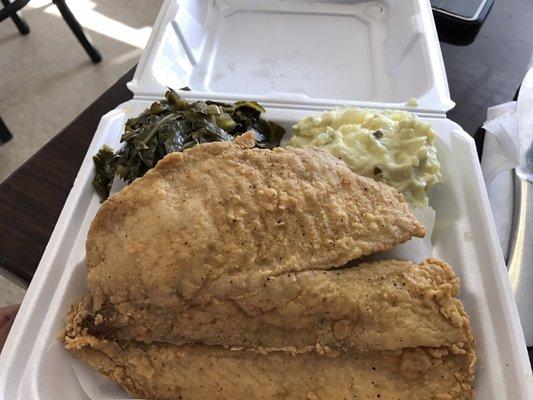 Catfish with greens and potato salad