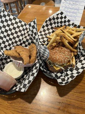 Chicken tenders and olde fashioned burger w/ fries