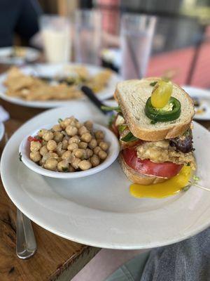 Fried chicken BLT-this has a fried egg on it! The side is chick pea salad, loved all of this and took half salad AND half sandwich home!