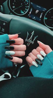 Black white nails flames