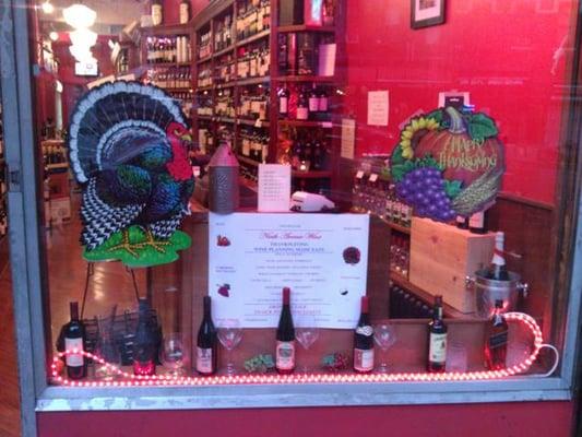 A nice line-up of Thanksgiving Day wine pairings right in the front window.