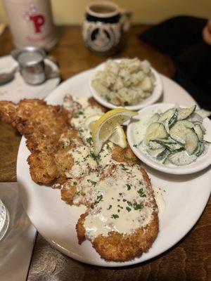 Schnitzel with cucumber salad & potatoes