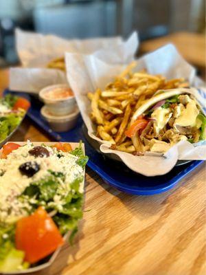 Chicken Gyro Pita with fries on the side + side salad - very good!