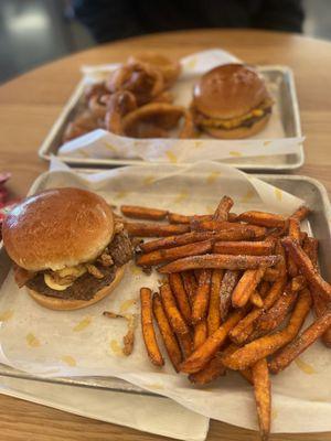 Bacon burger and sweet potato fries