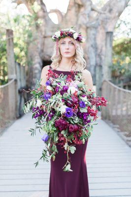 Beautiful wedding bouquet with matching flower crown in bright jewel tone colors.