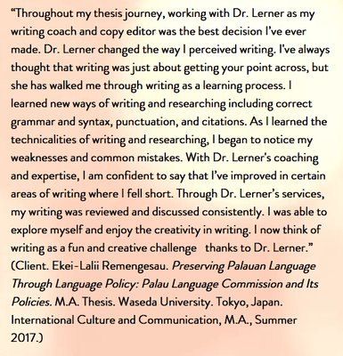 Client review for my coaching and copy editing work from a graduate student at the prestigious Waseda University in Tokyo, Japan.