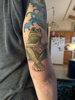 Frog memorial tattoo done by Sarah. She did the waves at my last session.