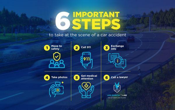 Six important steps to take at the scene of a car accident.