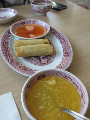 Egg drop soup and spring rolls.