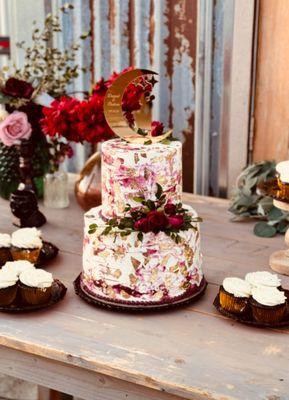 Wedding cake and cupcakes