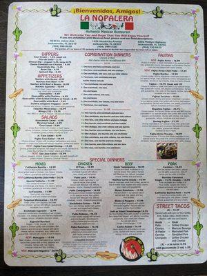 Menu at La Nopalera, Jacksonville